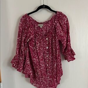 Charlie Paige Red and White Smocked Blouse